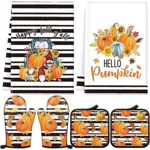 6 Pcs Pumpkin Oven Mitts and Kitchen Towel Sets Thanksgiving Decor